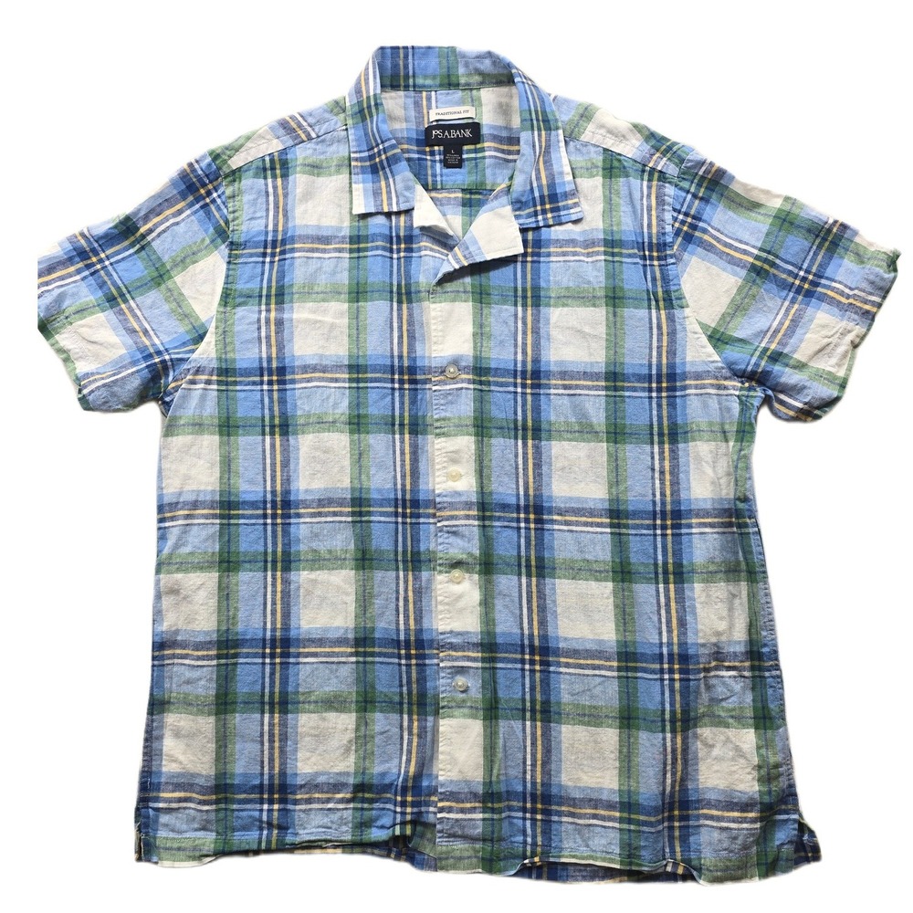 JoS A Bank Linen‎ Shirt Mens Large Blue Green Plaid Traditional Fit Short Sleeve